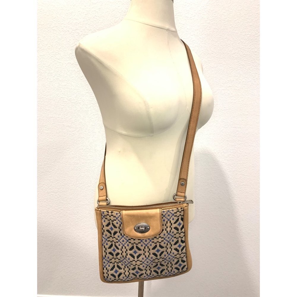 FOSSIL Marlow Leather Blue Jacquard Birds Eye Geometric Pattern Crossbody Bag